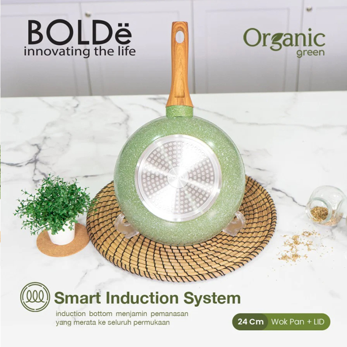 Bolde Organic Green Wok Pan 24 cm + Glass Lid